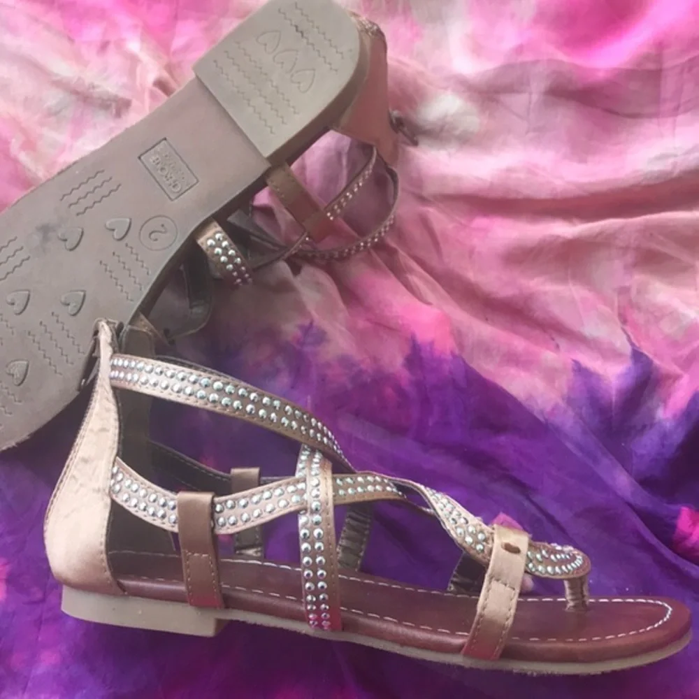 Cherokee Girls Rhinestone Gladiator Sandals Zip Back Metallic Sparkle Size 2